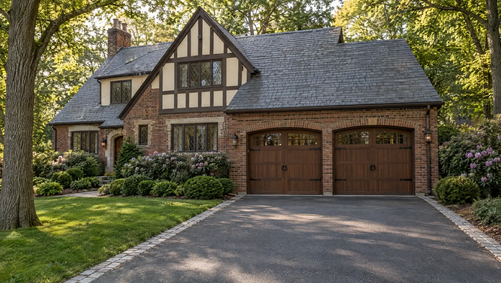 Brick Tudor-style home with two wood-look carriage garage doors