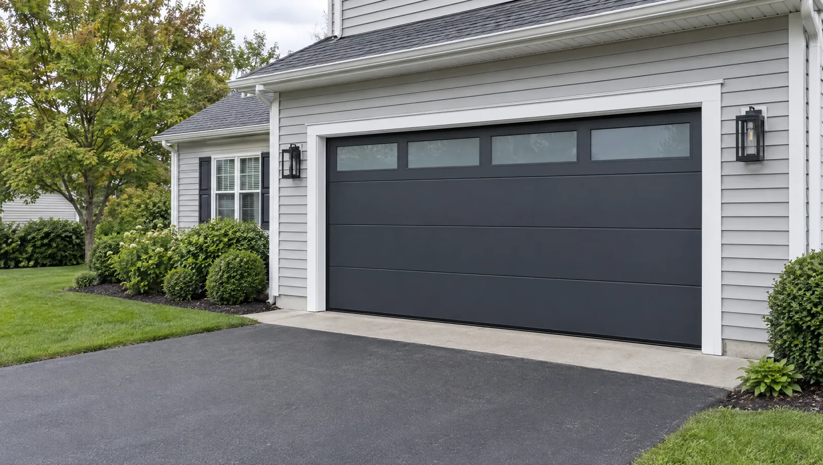 Charcoal long-panel garage door with windows on a grey-sided home