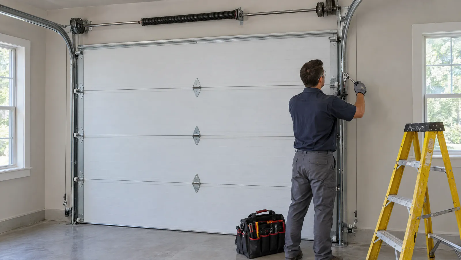 Technician checking the rollers and track of a residential garage door