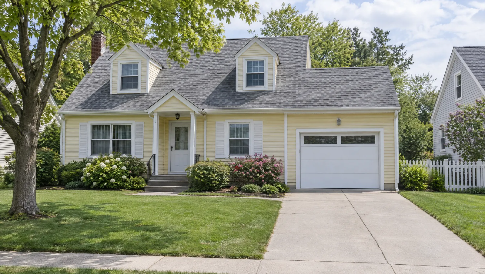 Cape Cod style home with a white single-car garage door