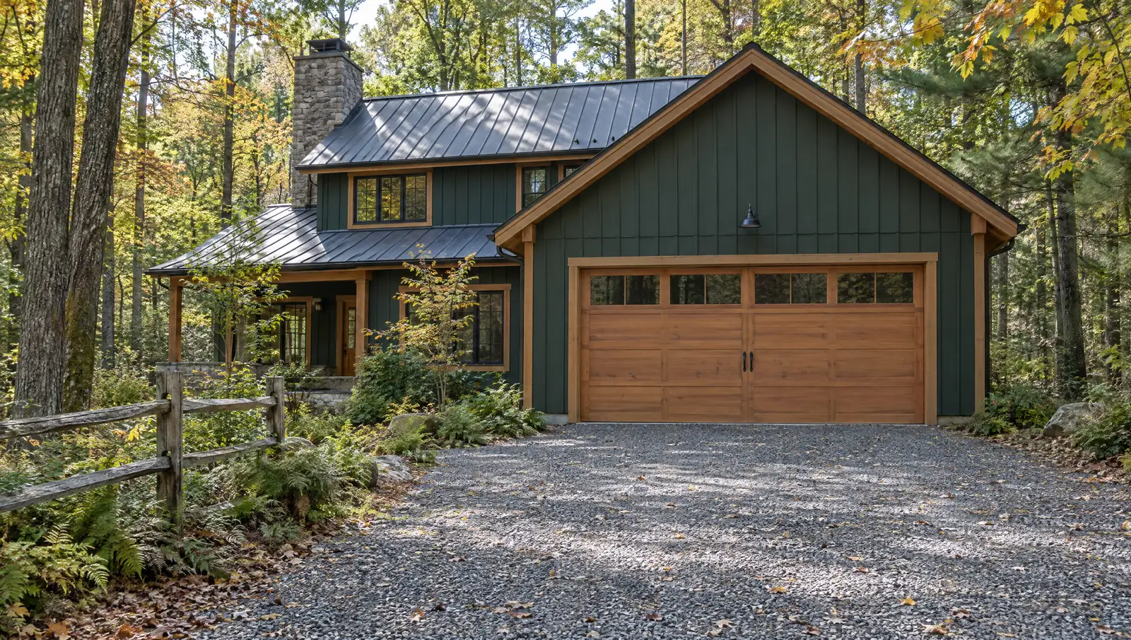 Wooded home with a cedar-look double garage door